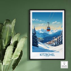 kitzbuhel wall art print, stunning austria ski resort illustration, perfect for skiing enthusiasts, unique gift for wint