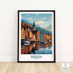bergen norway wall art art print travel print  home dcor poster gift  digital illustration artwork wall hanging  framed