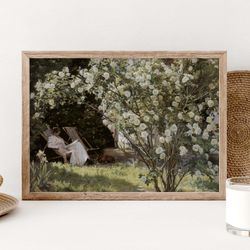 vintage white roses garden poster, french country garden print, flowers wall art, bedroom wall decor, vintage botanical