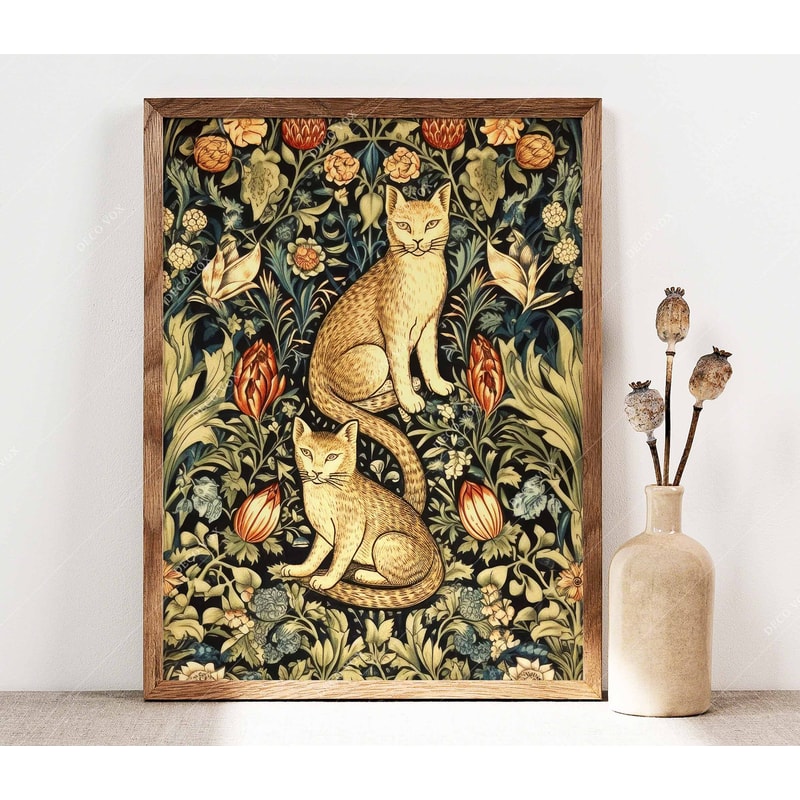 William Morris Inspired Poster, Cats and Flowers Print, Morris Art, Art Nouveau Floral Print, Botanical Vintage Art Nouveau Poster PS0394.jpg