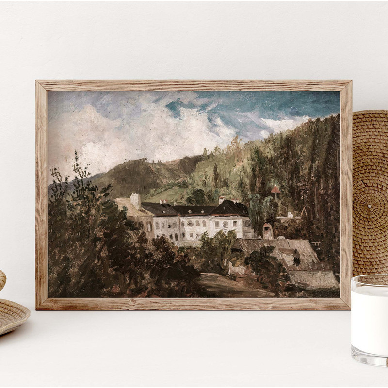 Vintage European Villa Landscape Poster, Landscape Print, French County Painting, Trees and Mountains Country Field Wall Art Poster PS0323.jpg