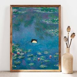 unimpressed frog, monet waterlily frog print, claude monet angry frog poster, frog art, floral print, funny frog print,