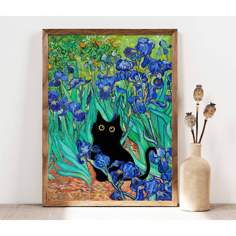 Vincent Van Gogh's Irises Cat Print, Van Gogh Cat Poster, Black Cat Art, Floral Print, Funny Cat print, Funny gift, Home decor Poster PS0130.jpg