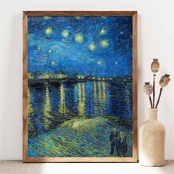 vincent van gogh starry night over the rhone poster, van gogh landscape, stars lake sky river poster, van gogh painting