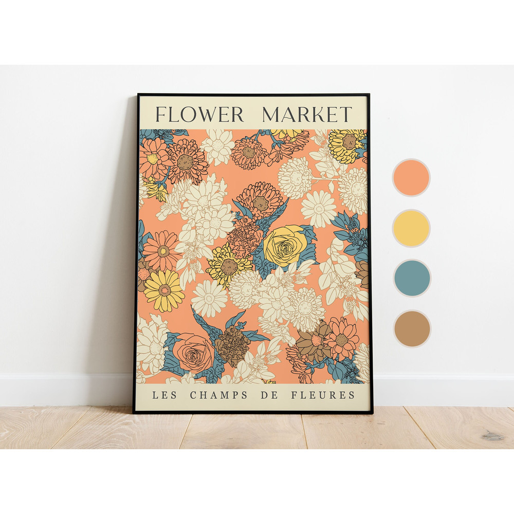 Flower Market Poster, Retro Flower Market Print, Vintage 70s Flowers Poster, Flower Market Sign, Floral Wall Art, Botanical Poster.jpg