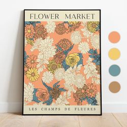 flower market poster, retro flower market print, vintage 70s flowers poster, flower market sign, floral wall art, botani