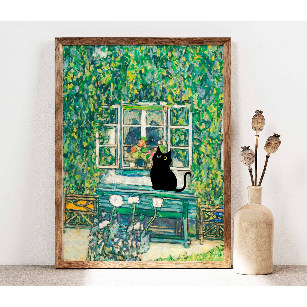 Gustav Klimt Forester's House Cat Poster, Black Cat Print, Cat Art, Floral Print, Funny Cat print, Funny gift, Cat in the Garden PS0406.jpg