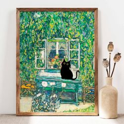gustav klimt forester's house cat poster, black cat print, cat art, floral print, funny cat print, funny gift, cat in th