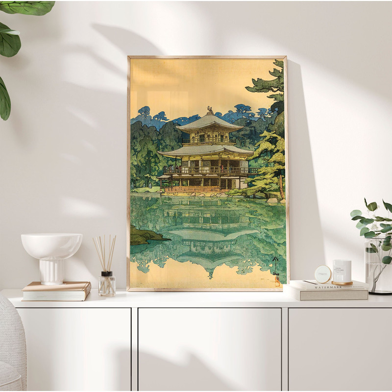 Kinkakuji Temple Poster, Trees Poster, Lake Pond Art Print, Oriental Woodcut Traditional Japanese Art, Wall Art Decor, Gift Idea PS0243.jpg