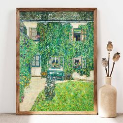 gustav klimt forester's house poster, cottage garden, klimt flowers, floral wall decor, spring wall art, gift idea, klim