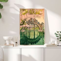 kameido bridge 1927 poster, yoshida hiroshi art, trees poster, lake pond art print, traditional japanese art, wall art d