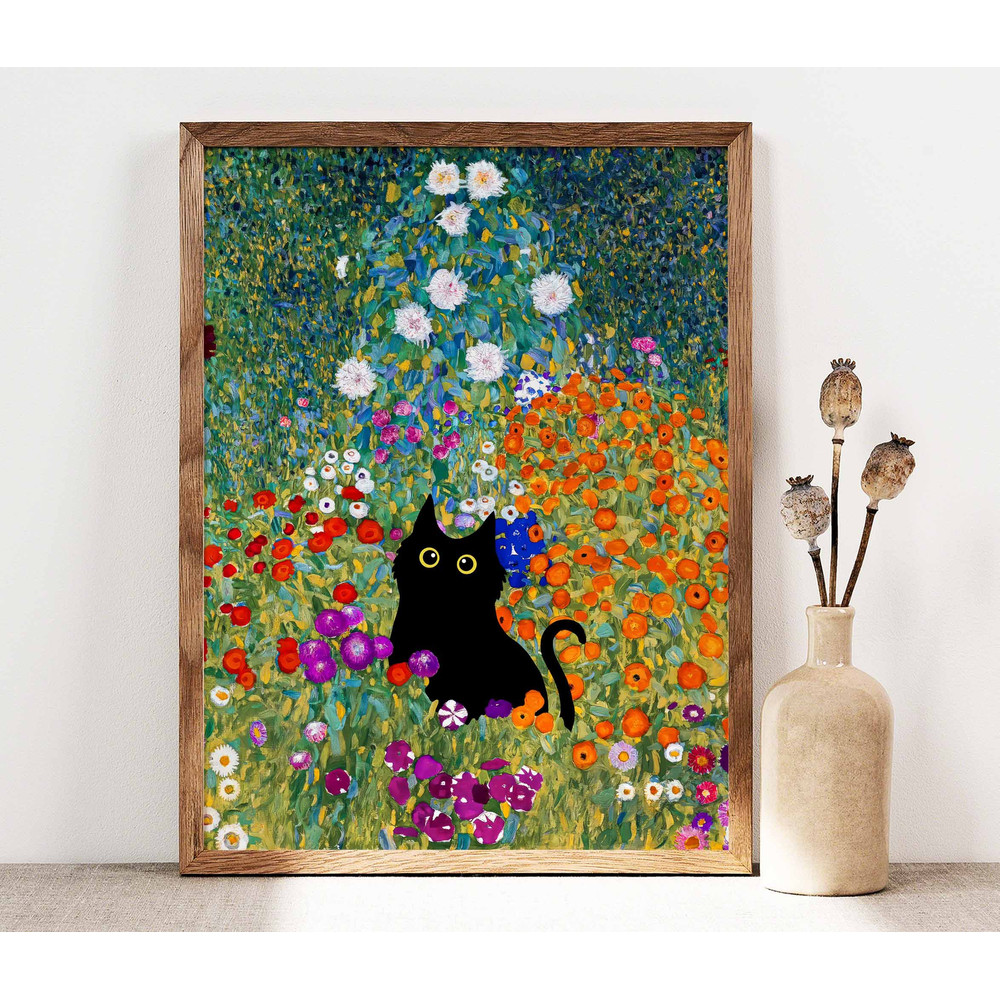 Gustav Klimt Garden Cat Print, Klimt Flowers Cat Poster, Black Cat Art, Floral Print, Funny Cat print, Funny gift, Home decor Poster PS0501.jpg