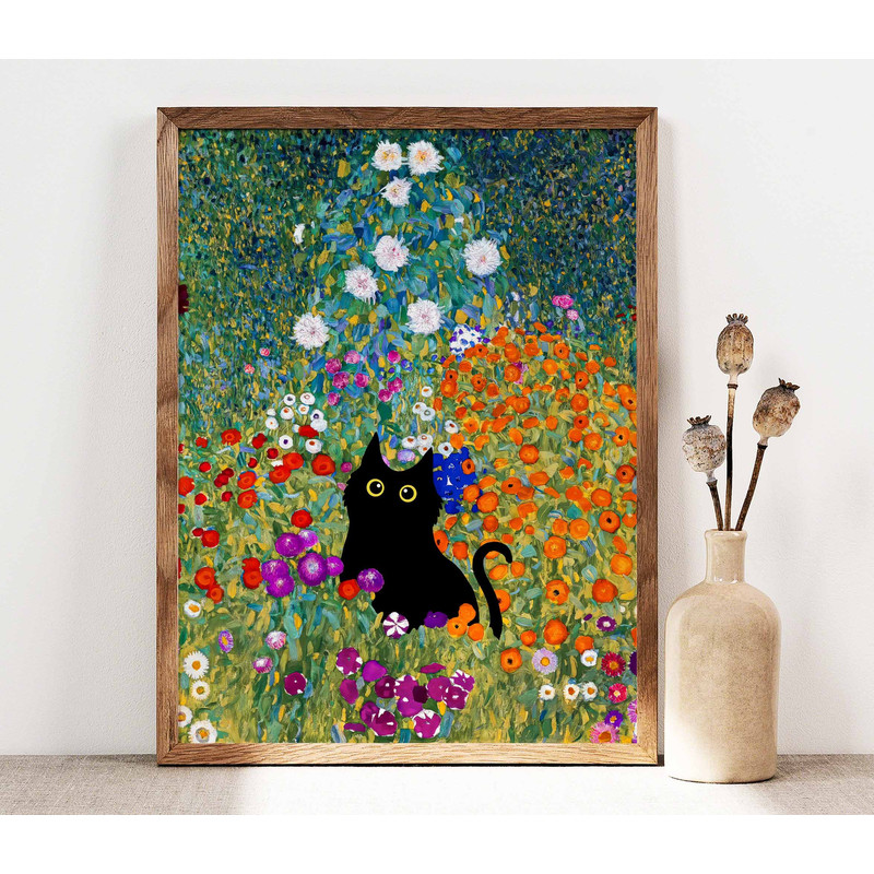Gustav Klimt Garden Cat Print, Klimt Flowers Cat Poster, Black Cat Art, Floral Print, Funny Cat print, Funny gift, Home decor Poster PS0501.jpg