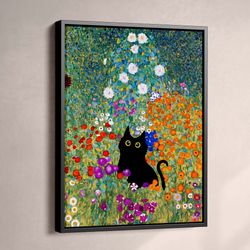 gustav klimt garden cat canvas, klimt flowers cat poster, black cat art, floral print, funny cat print, funny gift, fram