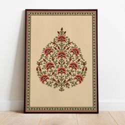indian folk art, floral prints, home decor, printable, indian vintage, boho wall art, mughal poster