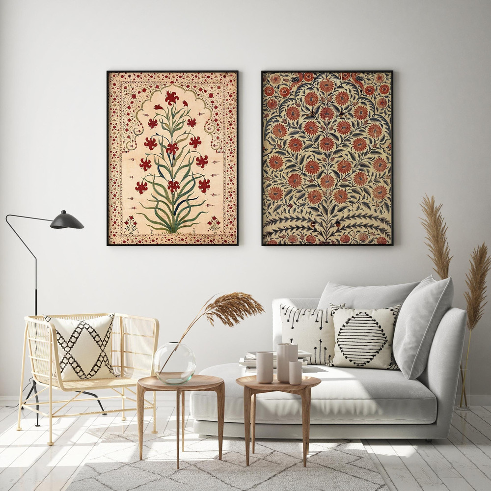 Indian Vintage Floral Art Set, Folk Prints, Mughal Living Room decor, Gallery wall set, Poster Bundle.jpg