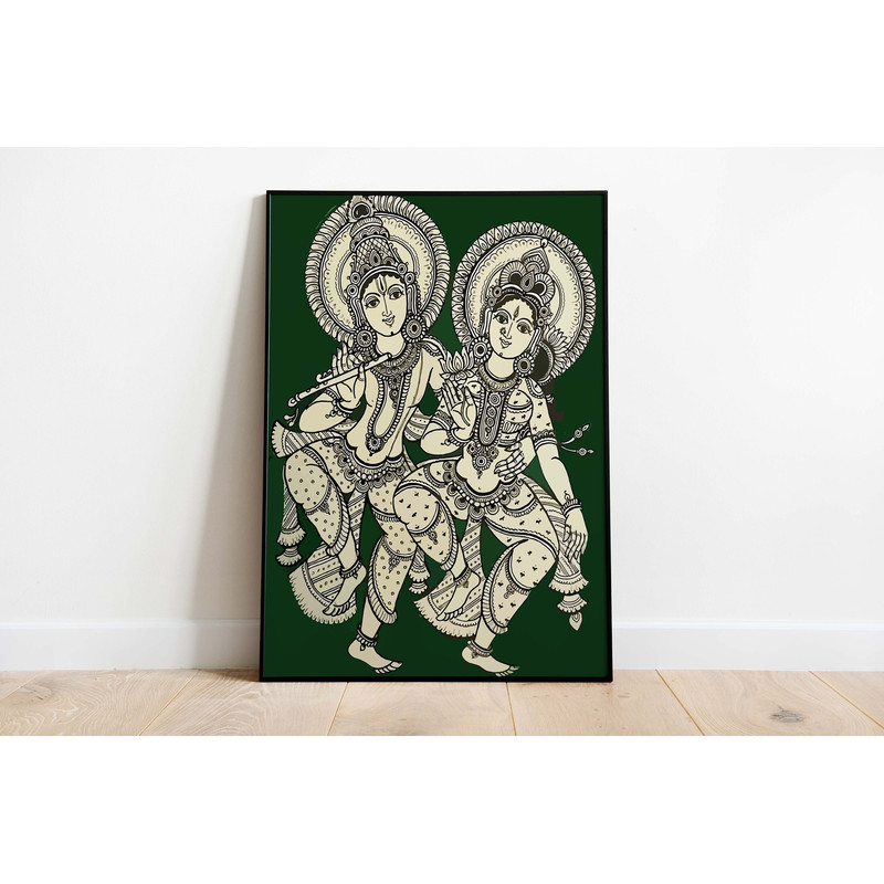 Indian Kalamkari Painting, Krishna And Radha Vintage Indian Art Poster, Living Room decor, Wall Art, Digital Download.jpg