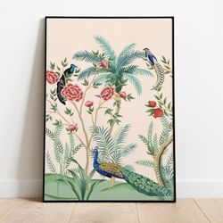 indian royal art, floral & nature poster prints, living room decor, printable, indian vintage palace peacock painting