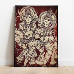 indian kalamkari painting, shiva and parvathi vintage indian art poster, living room decor, wall art, digital download