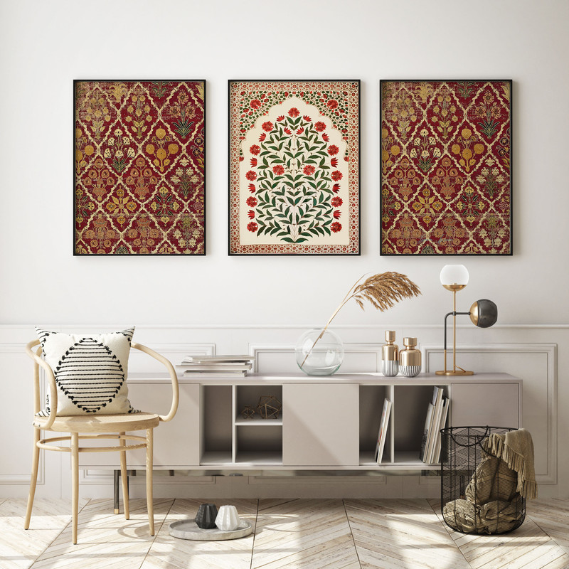 Indian Floral Art Set, Folk Prints, Living Room decor, Gallery wall set, Indian Vintage, Pichwai Painting, Poster Bundle.jpg