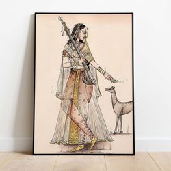 indian folk wall art, sita and deer, royal princess, living room decor, indian vintage palace painting, poster, wall art