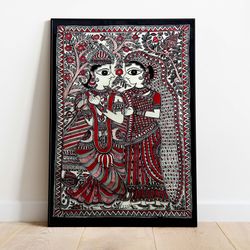 indian madhubani painting, radha krishna wall art, vintage indian folk art poster, living room decor, digital download-1