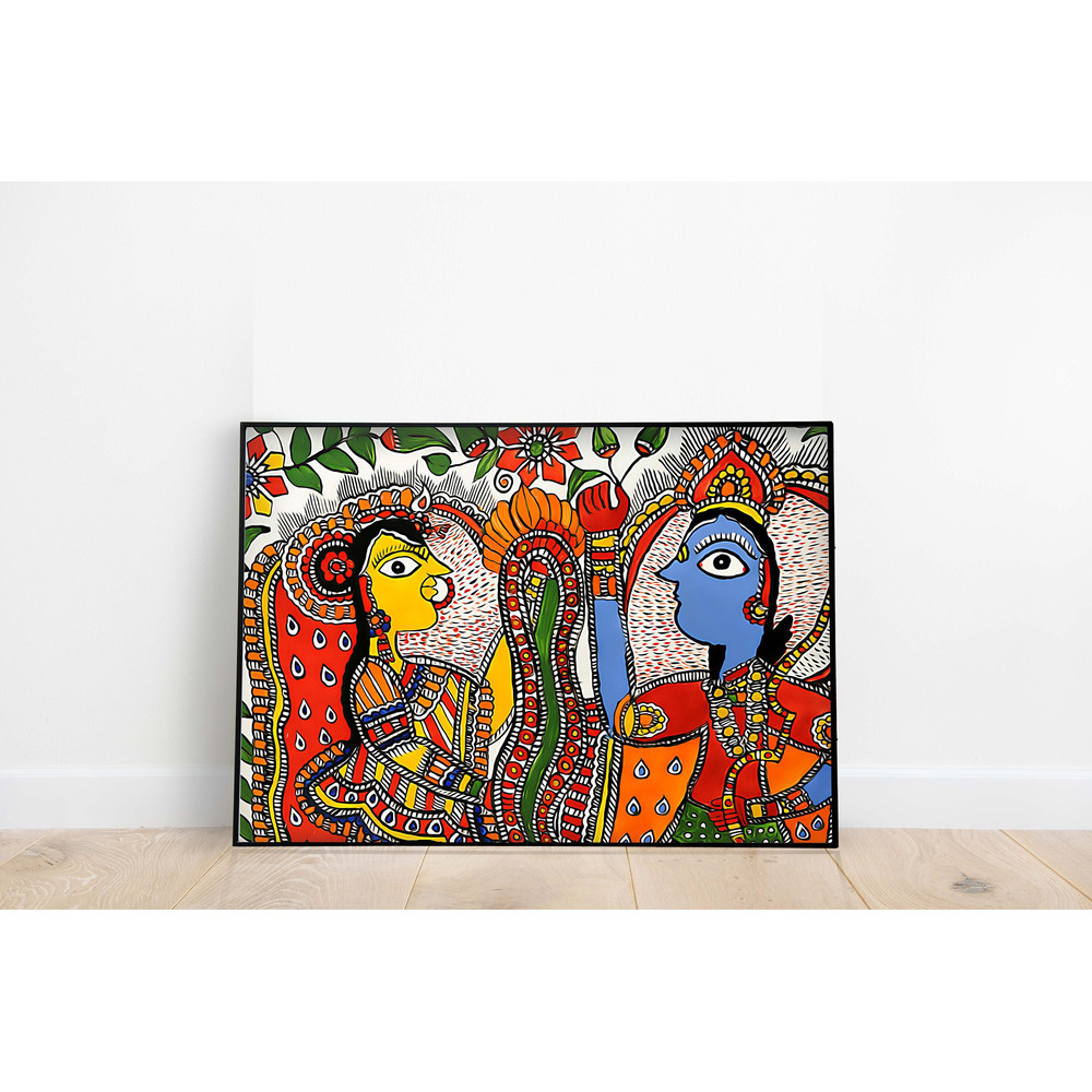 Indian Madhubani Painting, Radha Krishna Wall Art, Vintage Indian Folk Art Poster, Living Room decor, Digital Download-2.jpg