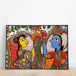 indian madhubani painting, radha krishna wall art, vintage indian folk art poster, living room decor, digital download-2