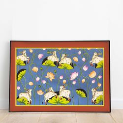 indian folk art, cow prints, living room decor, indian vintage pichwai painting, poster, wall art, traditional hindu art