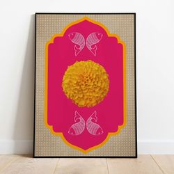 indian mixed media digital art, marigold print, living room decor, indian vintage, rajasthani painting, poster, wall art