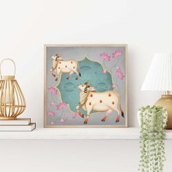 indian folk art, cow prints, living room decor, printable, indian vintage, printables, pichwai painting, poster, wall ar