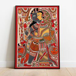 indian madhubani painting, shiva parvathi, living room decor, vintage indian folk art poster, wall art, digital download
