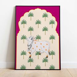 indian cow pichwai art, nature poster prints, living room decor, printable, indian contemporary digital art, mixed media
