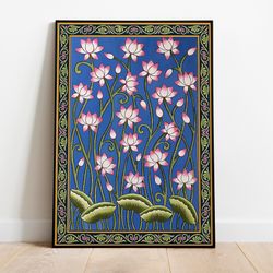 indian folk wall art, vintage flower painting, lotus, printable home decor, floral poster, decor, poster, wall art, pain