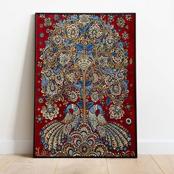 indian peacock kalamkari painting, vintage indian tree of life folk art poster, living room decor, wall art, digital dow