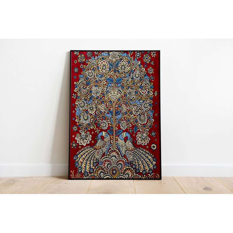 Indian Peacock Kalamkari Painting, Vintage Indian Tree of Life Folk Art Poster, Living Room decor, Wall Art, Digital Download.jpg