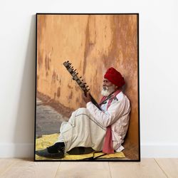 indian wall art, jaipur travel poster, living room decor, printable, vintage, indian man musician poster, wall art, pain