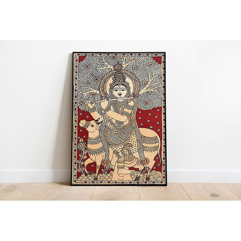 Indian Kalamkari Painting, Indian Krishna Art, Living Room decor, Vintage Indian Folk Art Poster, Wall Art, Digital Download-1.jpg