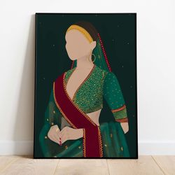 indian bride desi wall art, south asian brown girl painting, north indian lady painting, living room decor, printable w