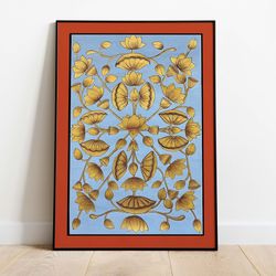 indian folk wall art, vintage flower painting, lotus, printable home decor, floral poster, decor, poster, wall art, pain