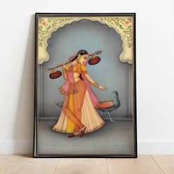 indian folk wall art, royal princess, living room decor, printable, indian vintage palace painting, poster, wall art, pa