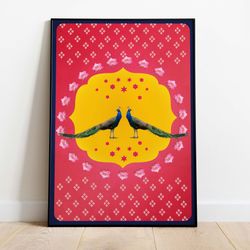 indian mixed media digital art, peacock and lotus print, living room decor, indian pop art, rajasthani painting, poster,