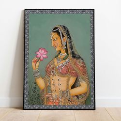 indian folk wall art, royal princess with lotus, living room decor, rani indian vintage palace painting, poster, wall ar