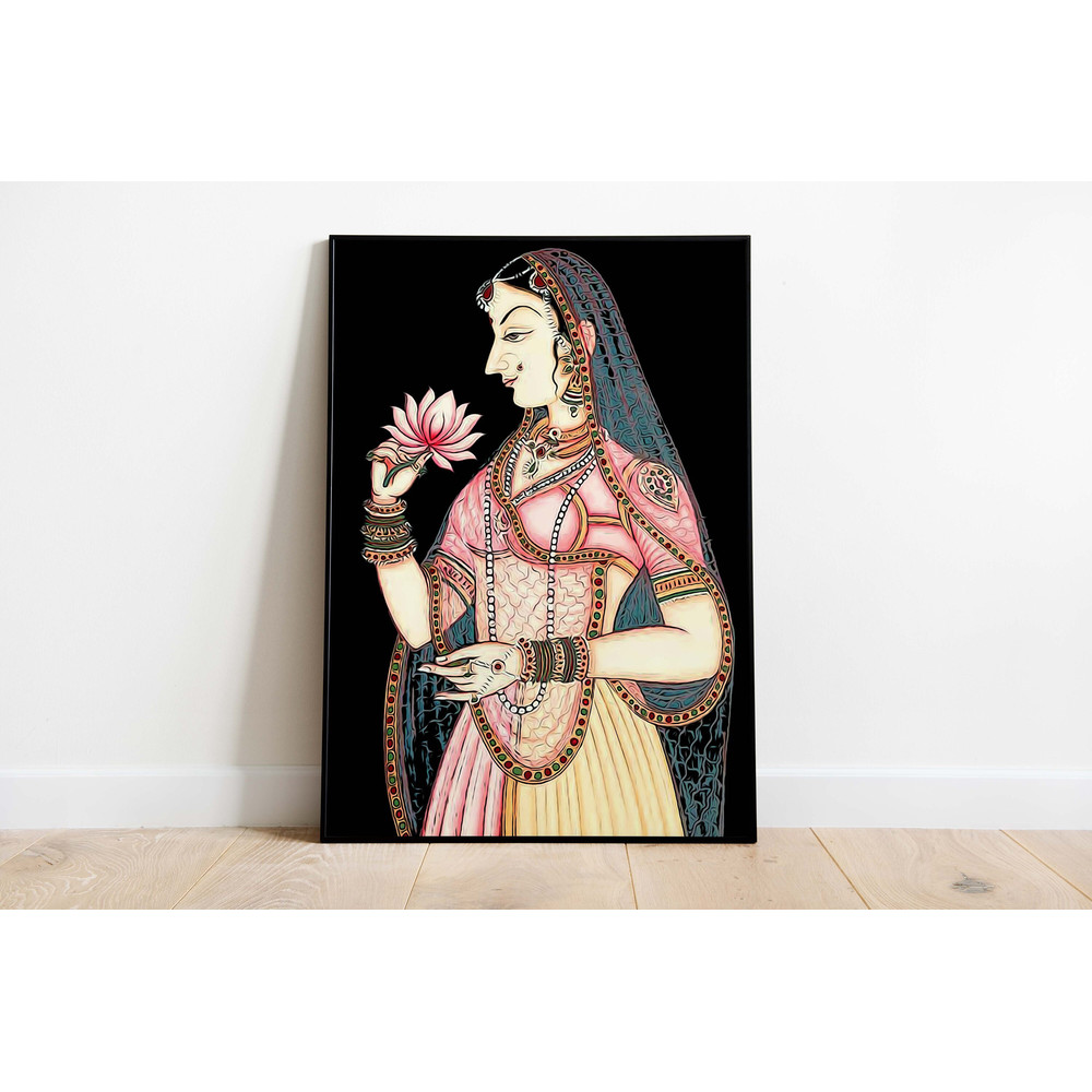 Indian folk wall Art, Royal Princess with Lotus, Living Room decor, Printable, Indian Vintage Palace Painting, Poster, Wall Art, Bani Tani.jpg