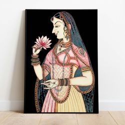 indian folk wall art, royal princess with lotus, living room decor, printable, indian vintage palace painting, poster, w