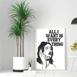 all i want is everything, cocktail poster, bar cart art print, trendy retro wall art, black and white art print, instant