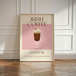 retro irish coffee cocktail print, vintage wall art design in beige & pink, modern home gallery wall bar kitchen decor g