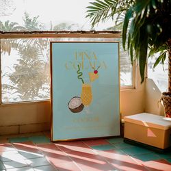 retro pina colada cocktail print, vintage wall art design in blue & yellow, modern home gallery wall bar kitchen decor g