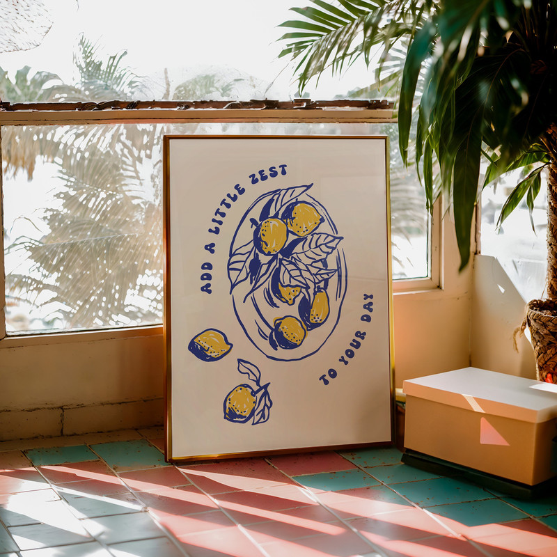 Lemon Kitchen Fruit Print, Yellow & Blue Wall Art, Kitchen Poster, Kitchen Wall Decor, Citrus Fruit Gallery Wall, Dining Room Food Art-1.jpg