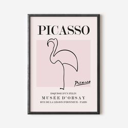 picasso - flamingo wall art print, exhibition vintage line art poster, beige famous artist print, pink gallery wall home